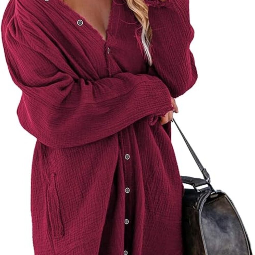 Burgundy Long Sleeve Button Down Tunic Dress Turn on screen reader support